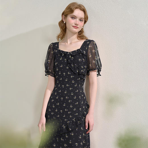 法式浪漫多层荷叶边泡泡袖碎花裙女夏季桃心领连衣裙LXD50830 商品图2
