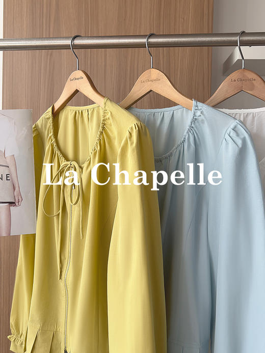 专柜实拍【莱赛尔+麻】拉夏贝尔/La Chapelle圆领系带拉链压褶花边设计长袖上衣百搭甜美风衬衣 商品图4