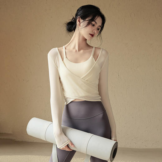 【高弹亲肤！透气网纱】网纱长袖上衣带胸垫美背心普拉提训练瑜伽服女健身房运动跑步T恤。xa 商品图3