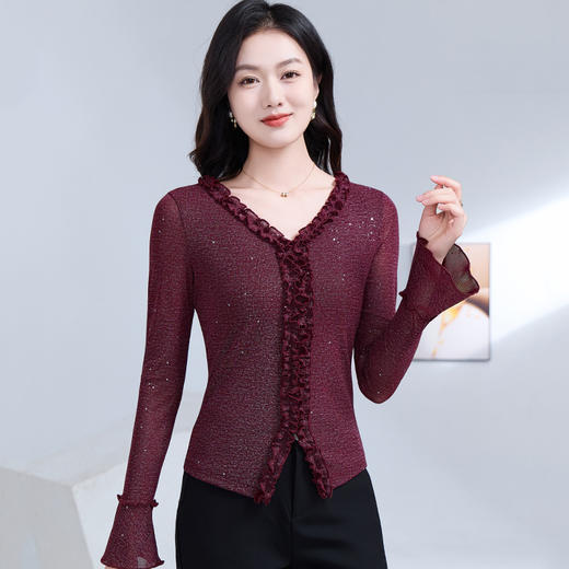 雀说 喇叭袖V领木耳边小衫时尚修身百搭弹力网纱气质上衣LC63166 商品图3