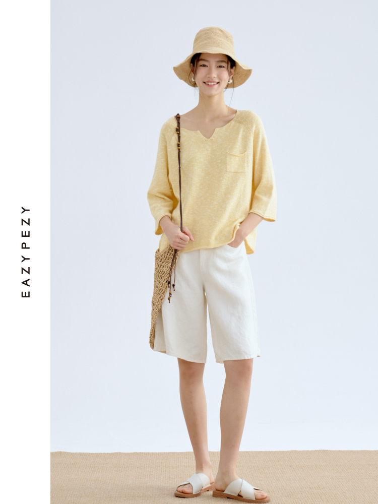 托斯卡纳的艳阳·棉麻丝七分袖翻领针织衫