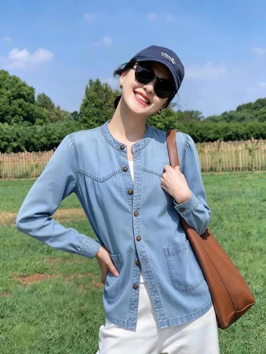 Fab*同款水洗浅蓝法式褶皱天丝牛仔衬衫 商品图9