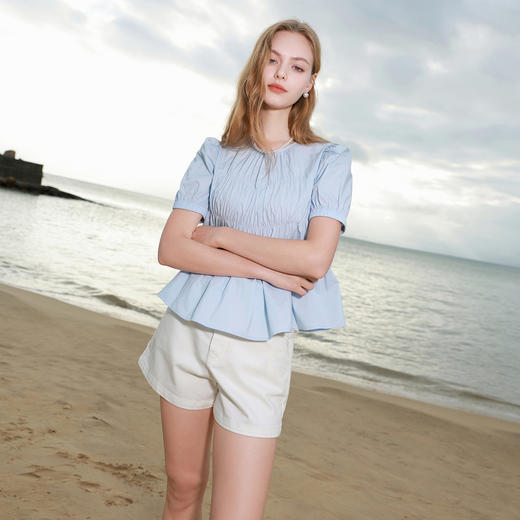 【100棉】三彩2026夏季新款圆领泡泡袖小衫宽松娃娃衫衬衣气质M 商品图3