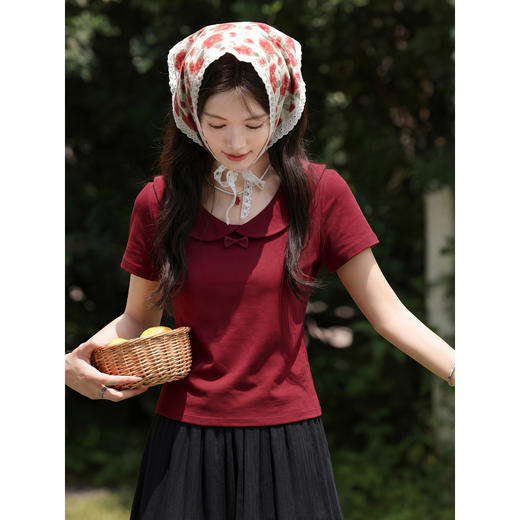 鹿向南【0402/20:00新品前1小时7折限量100件】酒红色T恤 商品图1