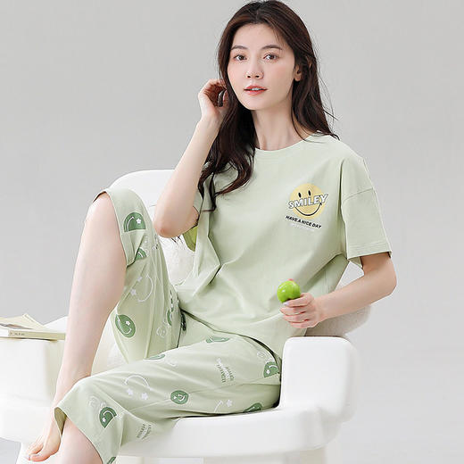 新品夏季纯棉短袖七分裤睡衣女士薄款凉爽休闲简约大码家居服套装   JL-YS5686 商品图1