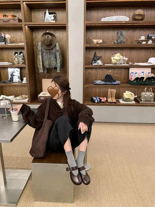 F0331147复古设计圆头一字扣棕色简约百搭懒人平底芭蕾鞋 商品图4