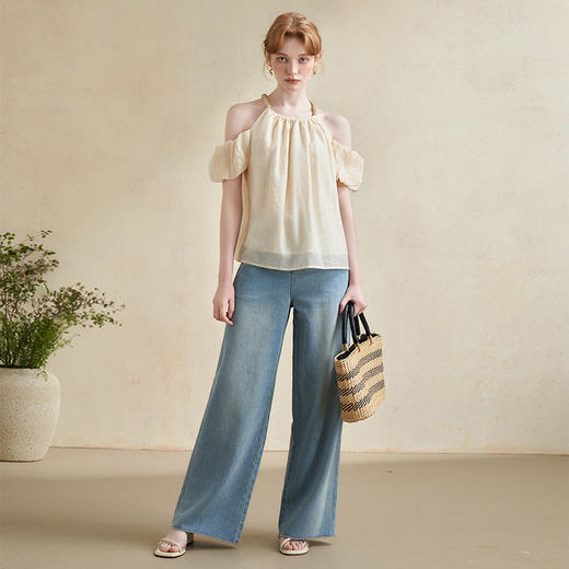 【凉爽天丝】法式复古串珠一字肩挂脖衬衣女夏季宽松衬衫LXD50892 商品图1