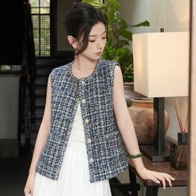 西子/蓝调香颂法国JT粗花呢小香风复古V领马甲/MJTJ1146