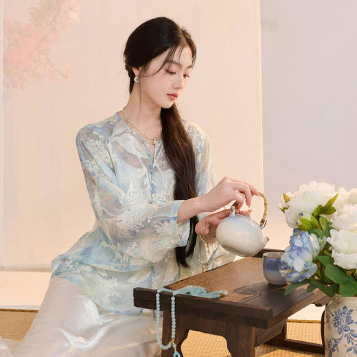 三彩【烟雨入画】2026夏季新款新中式印花烧花宽松小衫衬衣上衣C 商品图2