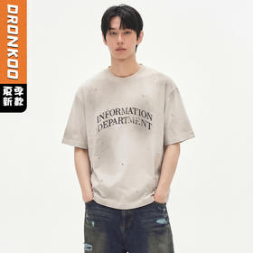 DRONKOO 2026 圆领胸前双排大字母满身晕染工艺做旧微阔短袖T恤