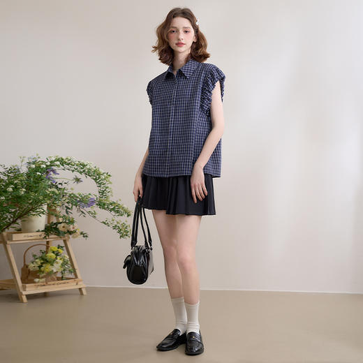 复古设计肌理感格纹截短泡泡袖衬衫女春季翻领衬衣LXD50315 商品图1