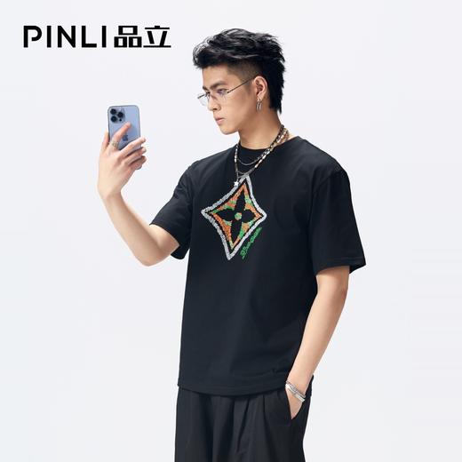 PINLI品立2026夏季新款男士字母花纹菱形烫钻圆领落肩短袖T恤上衣BG262111023 商品图3