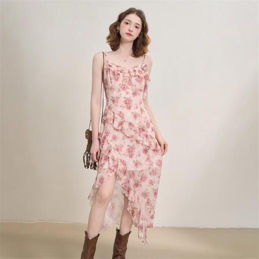 西遇浪漫玫瑰法式拼接荷叶边碎花吊带裙女夏季不规则连衣裙LXD50959 商品图1