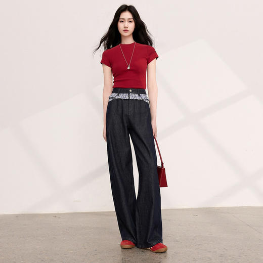 三彩2026夏季新款拼接牛仔裤设计感宽松阔腿长裤时尚M 商品图3