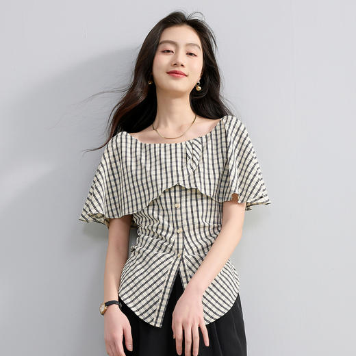 三彩2026夏季新款荷叶边一字领格纹衬衣开叉收腰上衣优雅M 商品图3