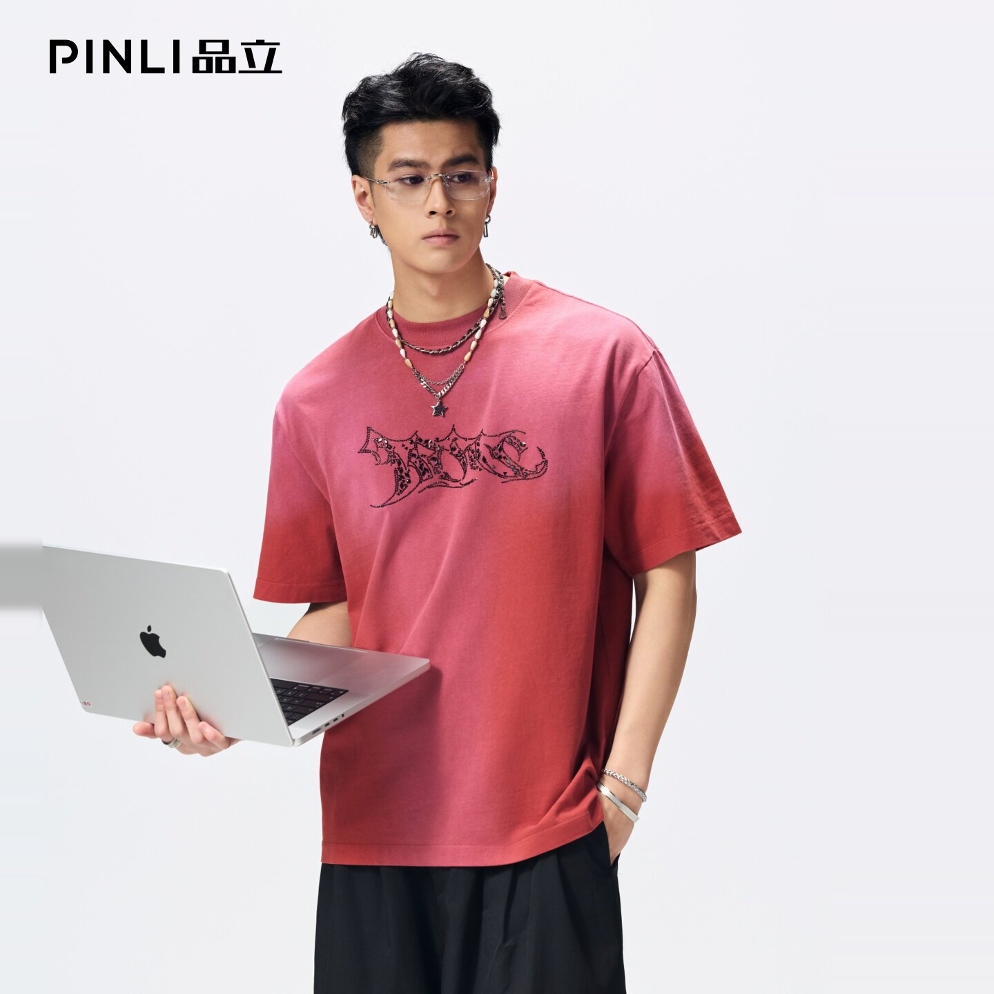 PINLI品立2026夏季新款男士烫钻圆领落肩袖短袖T恤上衣青年潮牌男BG262111022