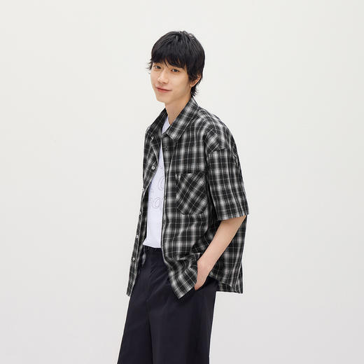 森马短袖衬衫男夏季纯棉格纹泡泡肌理上衣2026新款经典百搭衬衣 商品图2