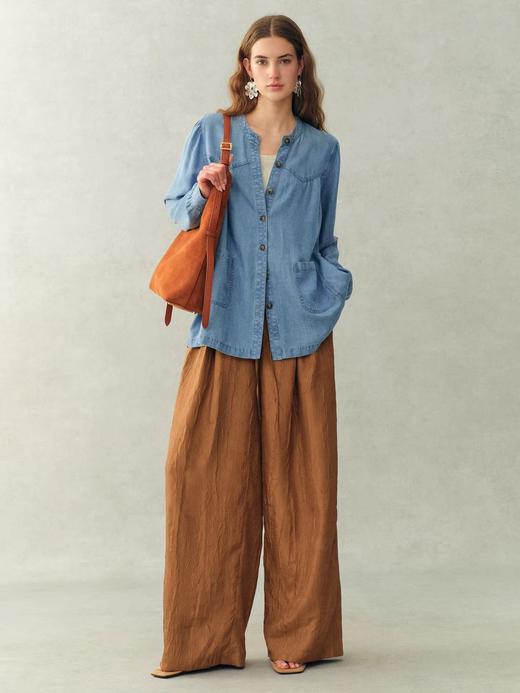 Fab*同款水洗浅蓝法式褶皱天丝牛仔衬衫 商品图1