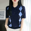 丁摩 复古polo领菱格纹针织短袖女灰色百搭T恤上衣ZS-96030-95 商品缩略图2