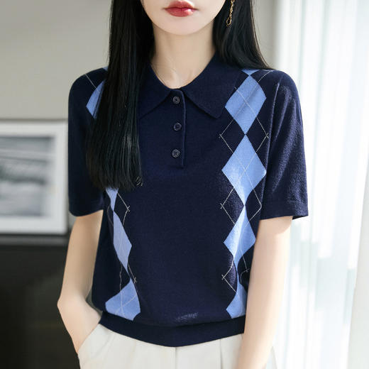 丁摩 复古polo领菱格纹针织短袖女灰色百搭T恤上衣ZS-96030-95 商品图2