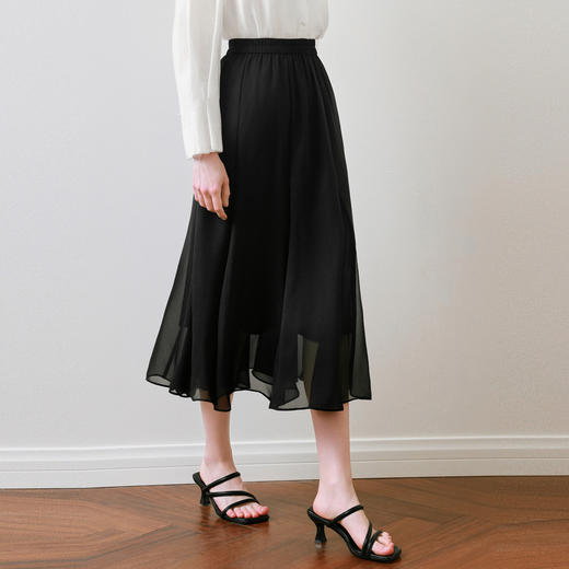 【商场同款】诗凡黎黑色半身裙2025夏新款A字长款纱裙3G4140551 商品图0