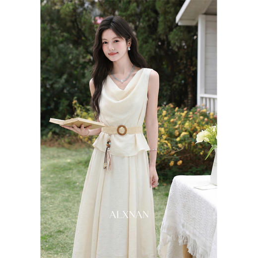 鹿向南「海岛风铃」夏季新款韩系荡领杏色连衣裙女法式假两件裙子 商品图0