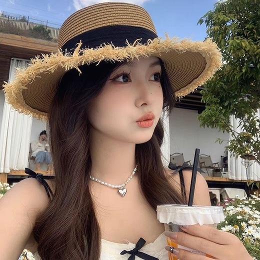 蝴蝶结毛边平顶草帽百搭海边防晒夏季新款女度假太阳编织遮阳帽子 商品图1