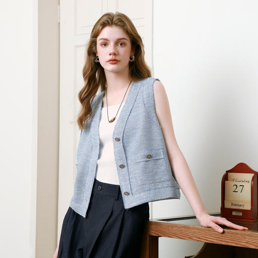 【商场同款】诗凡黎蓝色V领小香风马甲2025夏新款外搭女3G4110031 商品图0