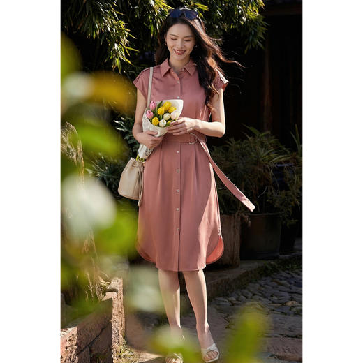 米思阳2026夏季新款知性通勤风衬衫连衣裙女短袖翻领中长款收腰显瘦裙子女1048/0229 商品图9