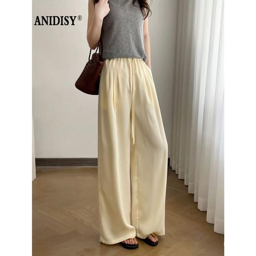 时尚高腰松紧腰系带垂顺直筒阔腿裤 商品图0