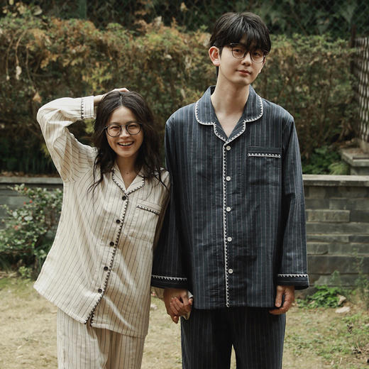 全棉双层纱~情侣睡衣女春季2026新款纯棉纱布条纹款长袖套装男士无印风家居服 商品图0