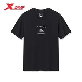 6楼特步运动男士全棉平纹短袖针织衫圆领短T 974229010080正黑色