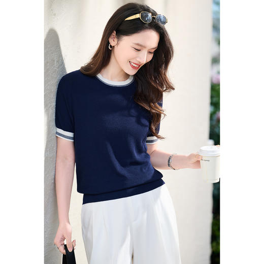 桑蚕丝+天丝+棉 时髦撞色边 立体肌理 米思阳2026夏季新款静奢老钱针织衫圆领衫T恤上衣女1037 商品图1