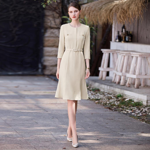 IWY/气质浅黄色七分袖连衣裙女收腰显瘦气质工作服通勤西装裙25Q957 商品图1