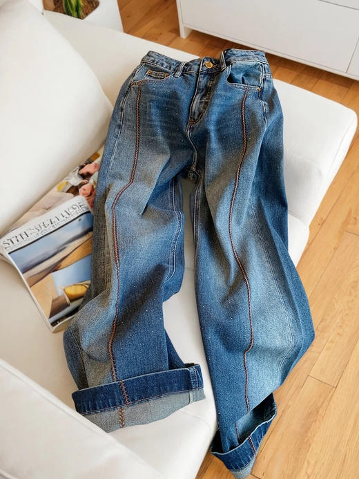 欧货立体拼接麦穗烫钻满天星阔腿牛仔裤 商品图4