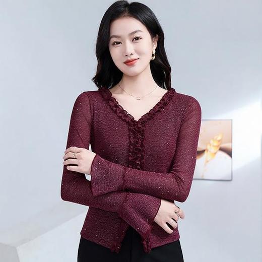 雀说 喇叭袖V领木耳边小衫时尚修身百搭弹力网纱气质上衣LC63166 商品图1