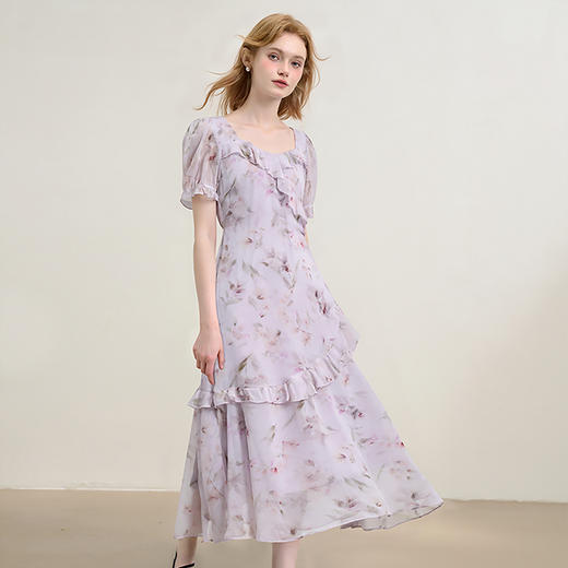 法式浪漫多层荷叶边泡泡袖碎花裙女夏季桃心领连衣裙LXD50830 商品图3