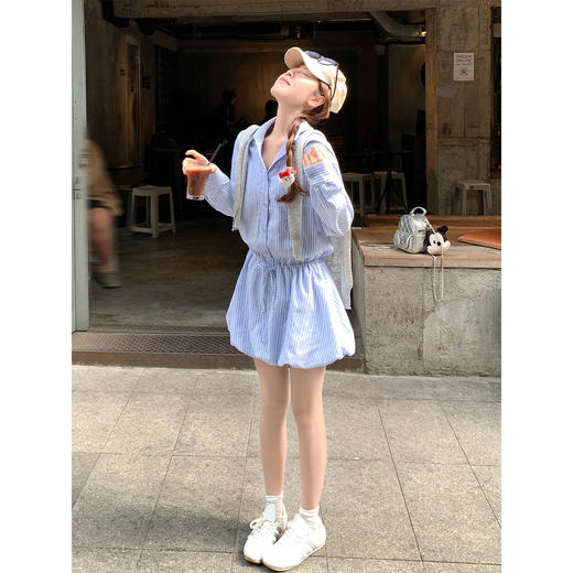 <曾小咸推荐>4.1现货秒杀 ！微信超特价！韩系条纹衬衫连衣裙（不含披肩） 日常289.99 立减160 秒杀129.99！！ 商品图4