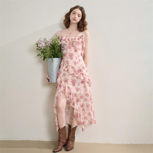 西遇浪漫玫瑰法式拼接荷叶边碎花吊带裙女夏季不规则连衣裙LXD50959 商品图4