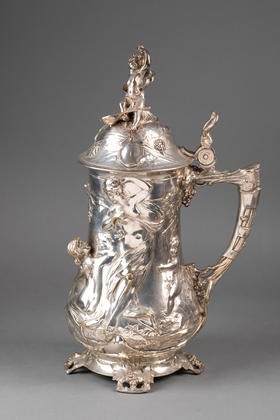 独角鹿西洋古董1911年德国银器工坊WMF签名出品新艺术风格小天使造型主题镀银浮雕啤酒杯