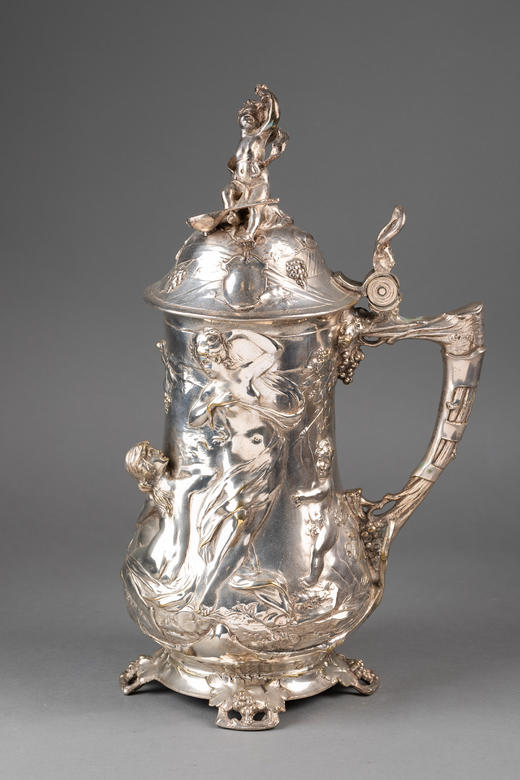 独角鹿西洋古董1911年德国银器工坊WMF签名出品新艺术风格小天使造型主题镀银浮雕啤酒杯 商品图0