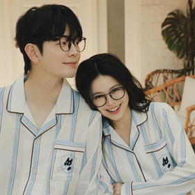 全棉双层纱~情侣款纯棉蓝白条纹睡衣女 野兽风格休闲家居服可外穿长袖全棉套装