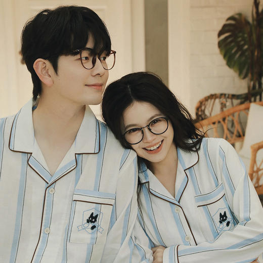 全棉双层纱~情侣款纯棉蓝白条纹睡衣女 野兽风格休闲家居服可外穿长袖全棉套装 商品图0