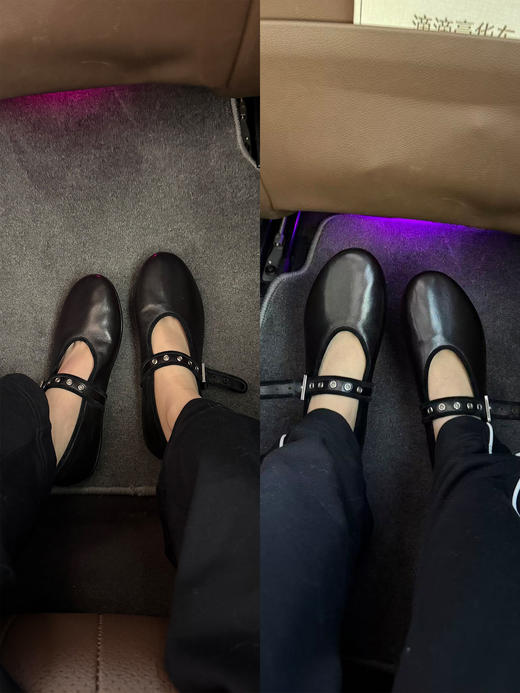 HIDEMI 真皮羊皮玛丽珍鞋浅口单鞋芭蕾舞鞋铆钉一字扣平底鞋 商品图1