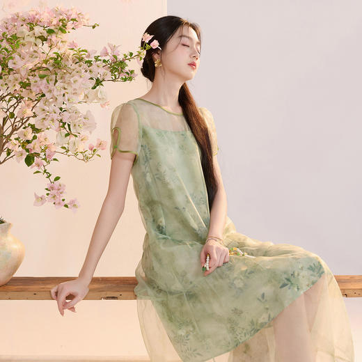 【柳色含烟】三彩2026夏季新款假两件连衣裙新中式A字裙C 商品图3