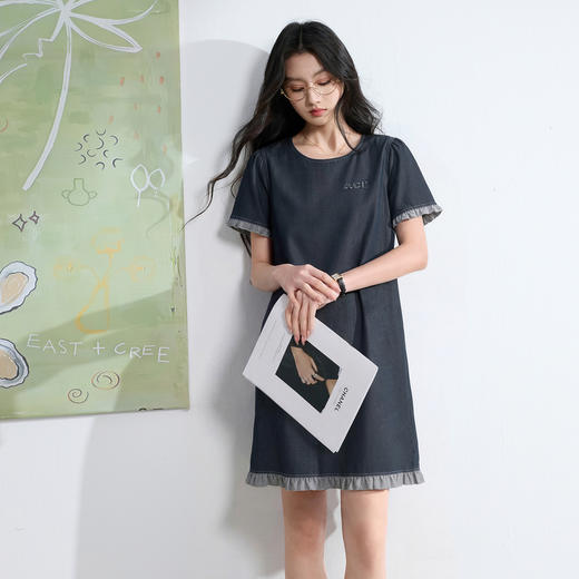 三彩2026夏季新款休闲连衣裙宽松圆领短袖木耳边直筒裙短裙S 商品图3