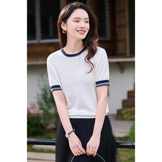 桑蚕丝+天丝+棉 时髦撞色边 立体肌理 米思阳2026夏季新款静奢老钱针织衫圆领衫T恤上衣女1037 商品图2