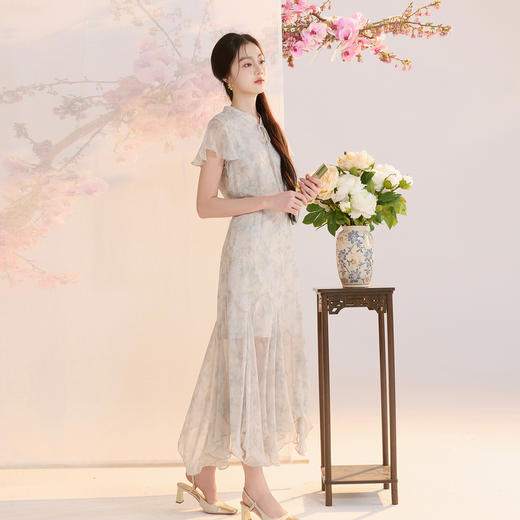 【花影流光】三彩2026夏季新款新中式连衣裙雪纺绣花中长裙C 商品图1
