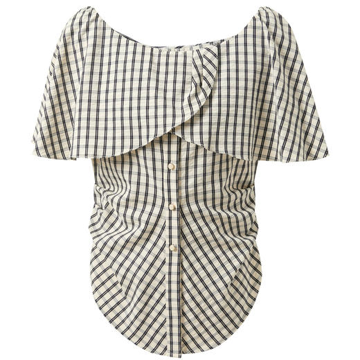 三彩2026夏季新款荷叶边一字领格纹衬衣开叉收腰上衣优雅M 商品图4