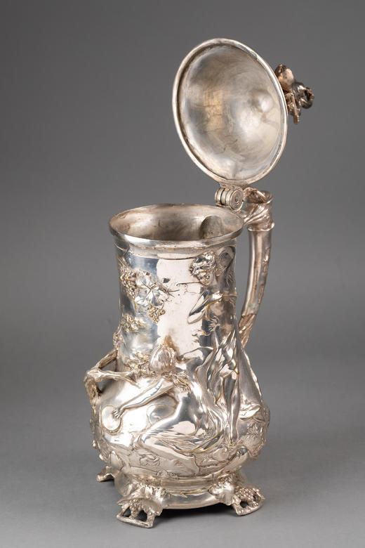 独角鹿西洋古董1911年德国银器工坊WMF签名出品新艺术风格小天使造型主题镀银浮雕啤酒杯 商品图4